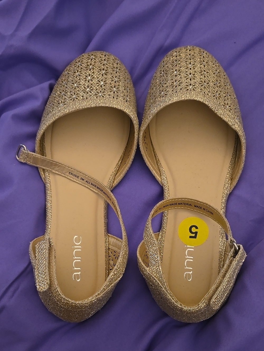 Annie Gold Glitter D'Orsay Flats with Ankle Strap